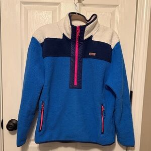 Vineyard Vines Women’s Blue and White Fleece Pullover with Pink Accents